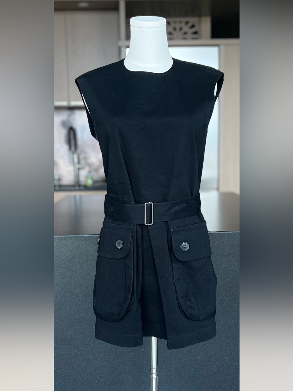 Jil Sander Black Sleeveless Mini Dress with Utility Pockets